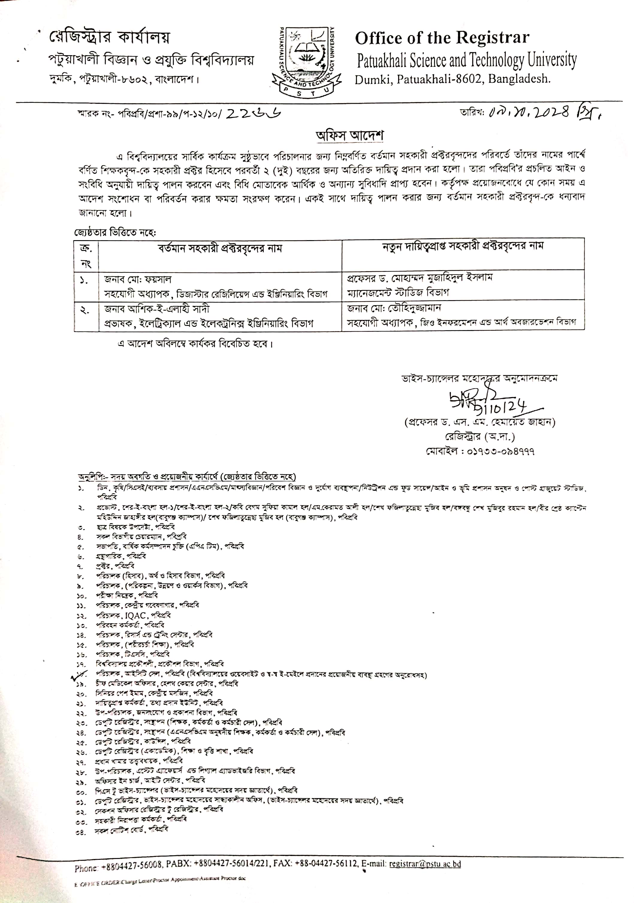 পবিপ্রবি’র সহকারী প্রক্টর এর দায়িত্ব প্রদান সংক্রান্ত অফিস আদেশ